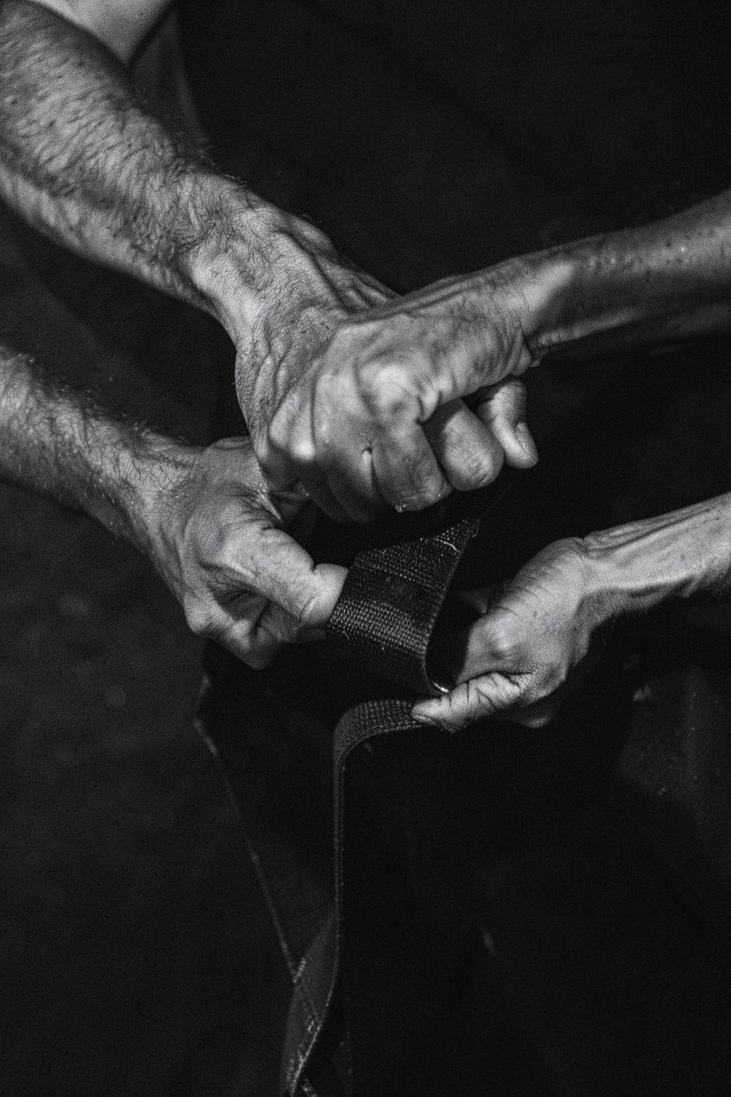 Hands adjusting a lifting belt, monochrome